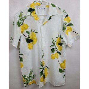 Zara Mens Shirt Size Large White Yellow Lemon Print Short Sleeve Regular Fit Top